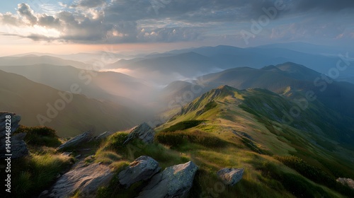 Majestic mountain landscape at sunrise with golden light filtering through clouds over misty valleys and distant peaks, panoramic wilderness view in tranquil natural setting