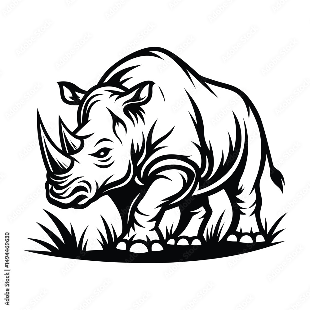 Fototapeta premium Stylized Black and White Rhino Standing in Grassy Plain Flat Design