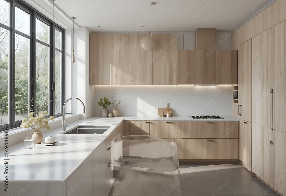 Fototapeta premium Luxury home bathroom interior design features a clean sink, modern mirror, and ample light from a window