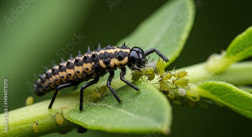Ladybug Larva Feasting on Aphids: A Close-Up Macro Shot