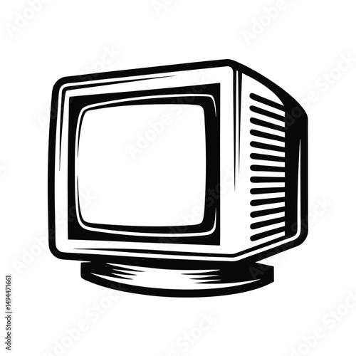 Retro Style CRT Monitor Square, Black & White Outline, Technology, Isolated