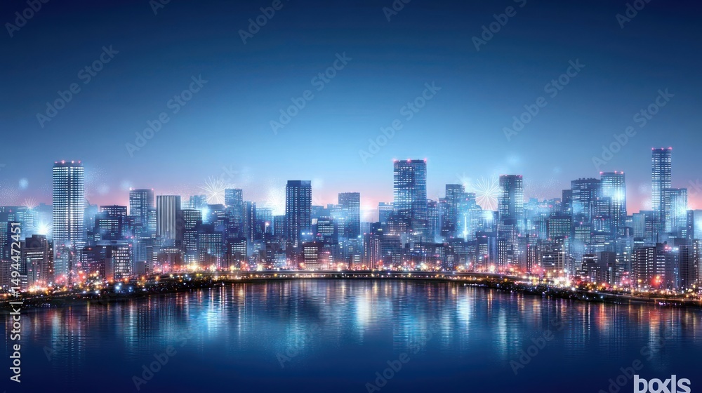 Naklejka premium Night cityscape reflection, vibrant lights, urban skyline.