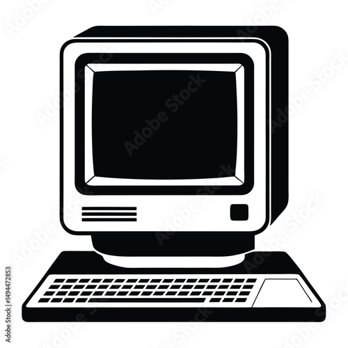 Monochrome of an Old Computer with Monitor and Keyboard Outline Art