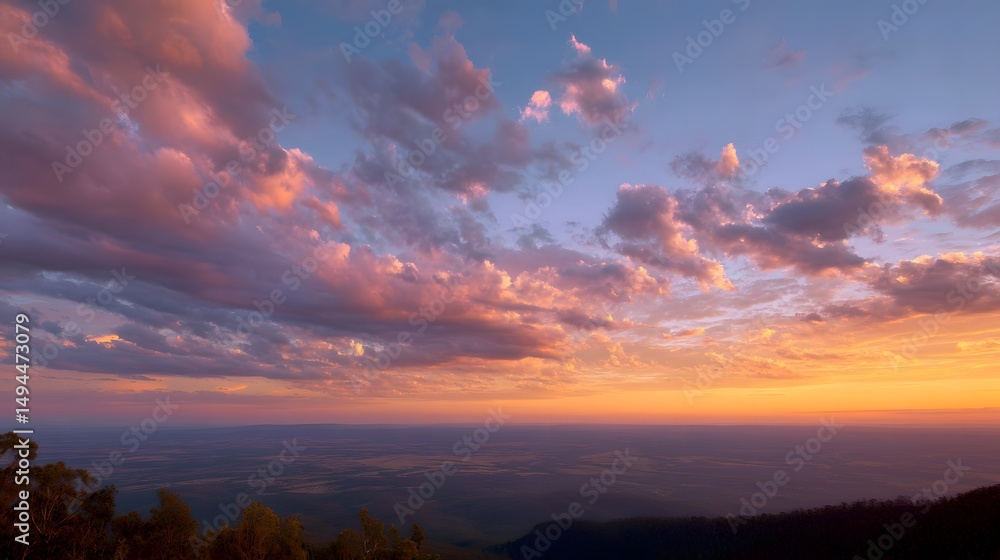 Panoramic sunset landscape with golden light streaming through dramatic clouds and blending into soft orange and purple hues under a tranquil evening sky Panoramic sunset landscape with golden light streaming through dramatic clouds and blending into soft orange and purple hues under a tranquil evening sky