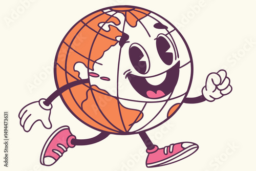 Retro Style Cartoon Globe Character Running with a Cheerful Smile, on Plain Background