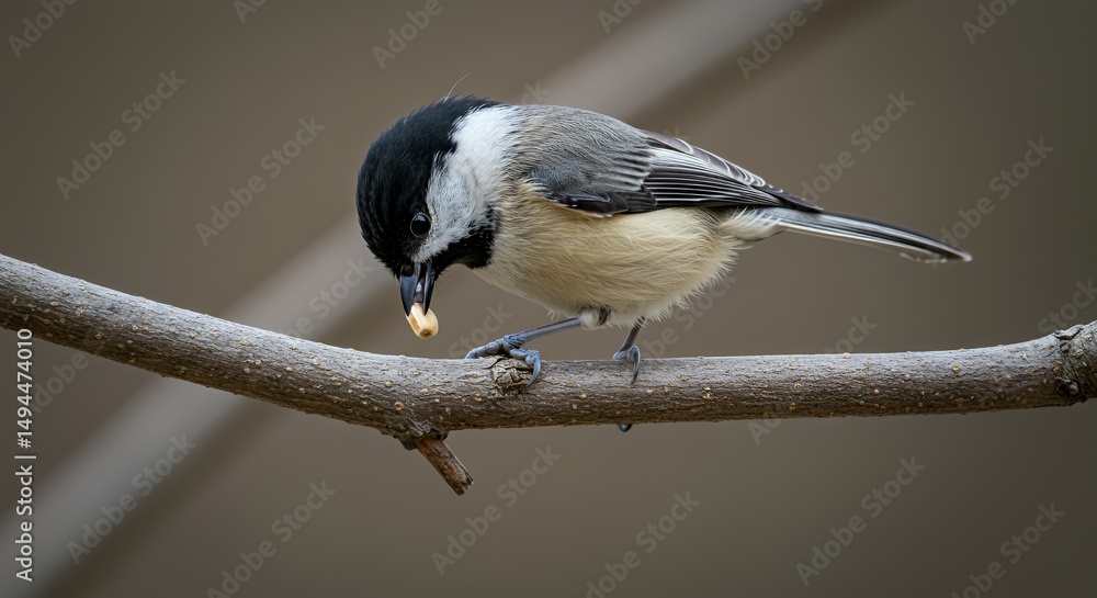 Fototapeta premium Carolina Chickadee Perched on Branch, Enjoying a Nut