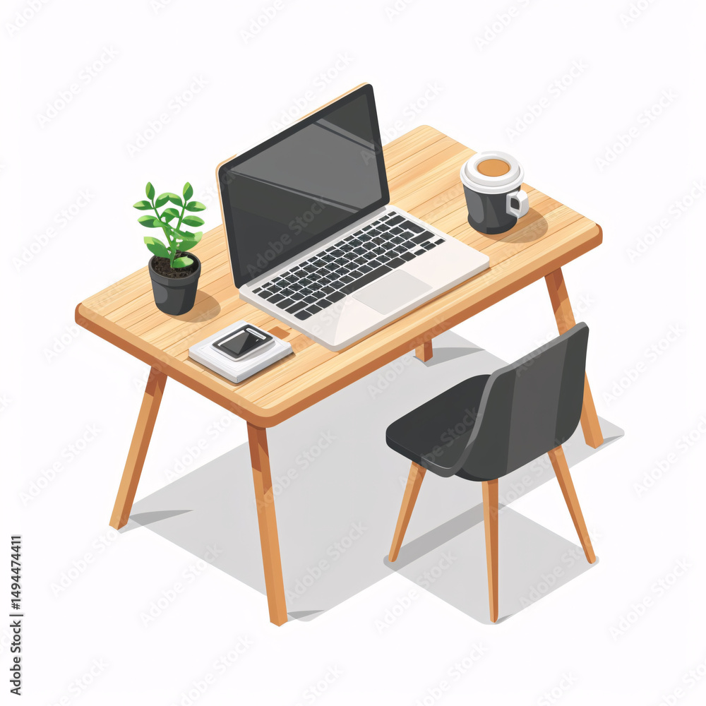 Fototapeta premium Isometric wooden desk with laptop, coffee cup, smartphone, potted plant, and chair in modern workspace 