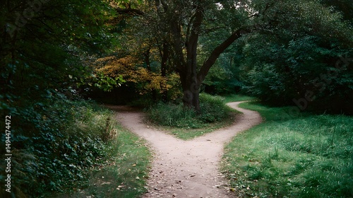 Peaceful forked path in tranquil natural environment with soft diffused light symbolizing life decision, direction, and the concept of personal choice and crossroads