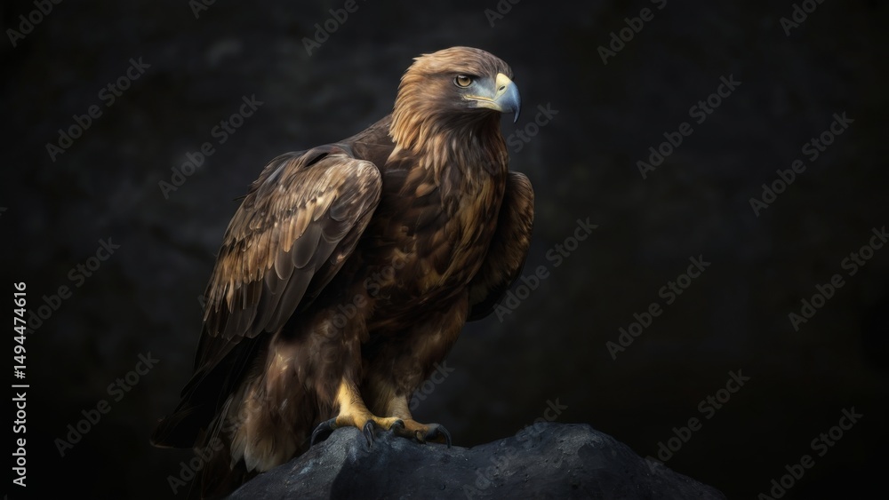 Obraz premium Golden Eagle Perched on Rock in Dark Background, Wings Spread, Eyes Piercing Yellow Low Angle View