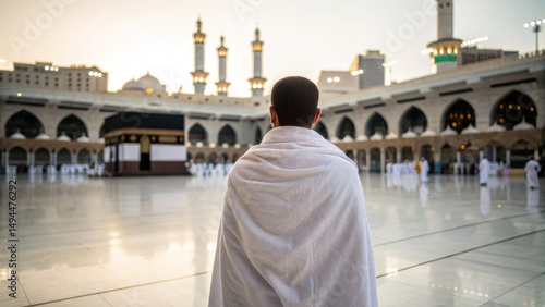 Muslim pilgrim in Ihram clothing standing in front of the Kaaba at Masjid al-Haram, Mecca