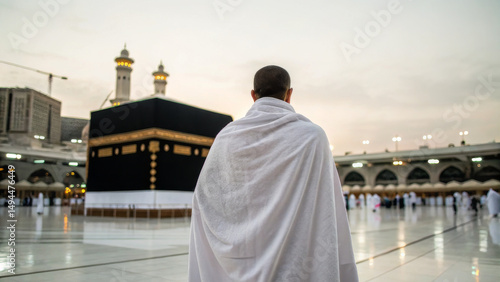 Muslim pilgrim in Ihram clothing standing in front of the Kaaba at Masjid al-Haram, Mecca