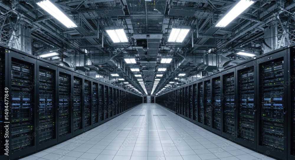 Fototapeta premium Vast server room, rows of dark equipment