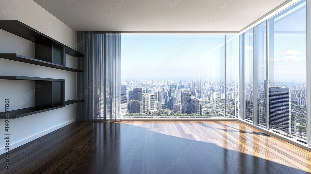 Fototapeta premium Modern empty room with panoramic city view.
