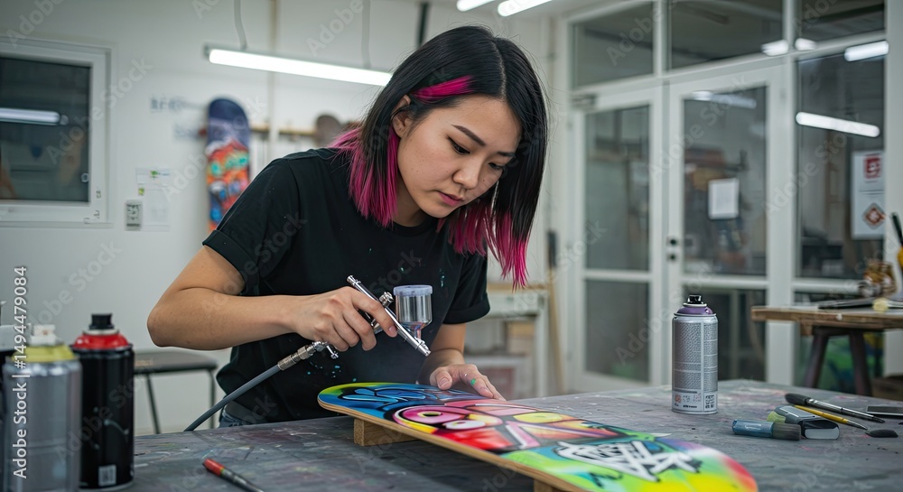Fototapeta premium Woman airbrushing a colorful skateboard in a workshop