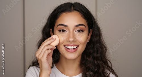 Woman applying makeup with a beauty blender