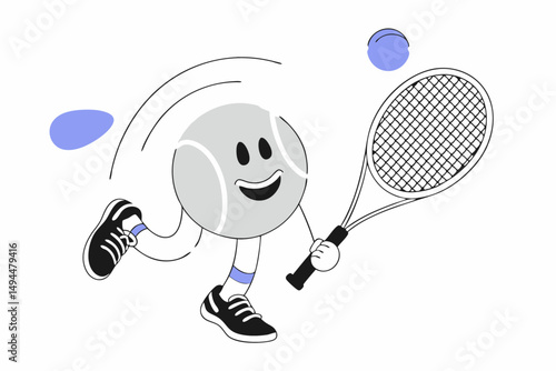 Bright green cartoon tennis ball with a happy face and expressive hands designed for playful illustrations and children’s sports branding content