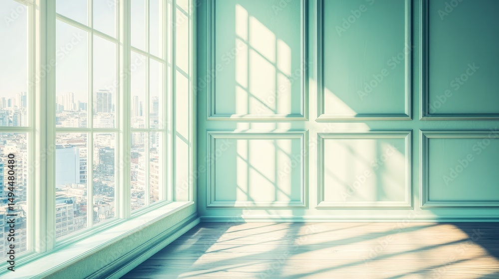 Fototapeta premium Empty room with large window and city view, bathed in sunlight.