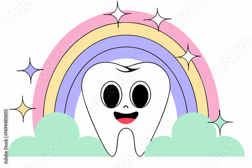 Vibrant smiling tooth surrounded by cheerful clouds and rainbow light ideal for promoting healthy dental habits to young children in a fun way