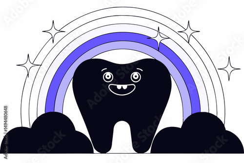 Colorful tooth illustration with fluffy clouds and a smiling face ideal for kids dental graphics and playful educational content in digital and print use