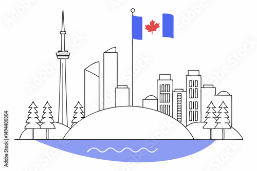 Scenic Toronto skyline with Canadian flag lake and pine trees ideal for nature tourism branding Canadian city illustrations and travel promotional content