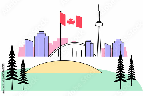 Toronto skyline design with national flag peaceful lake and pine forest ideal for Canada-themed digital posters and landscape travel marketing materials