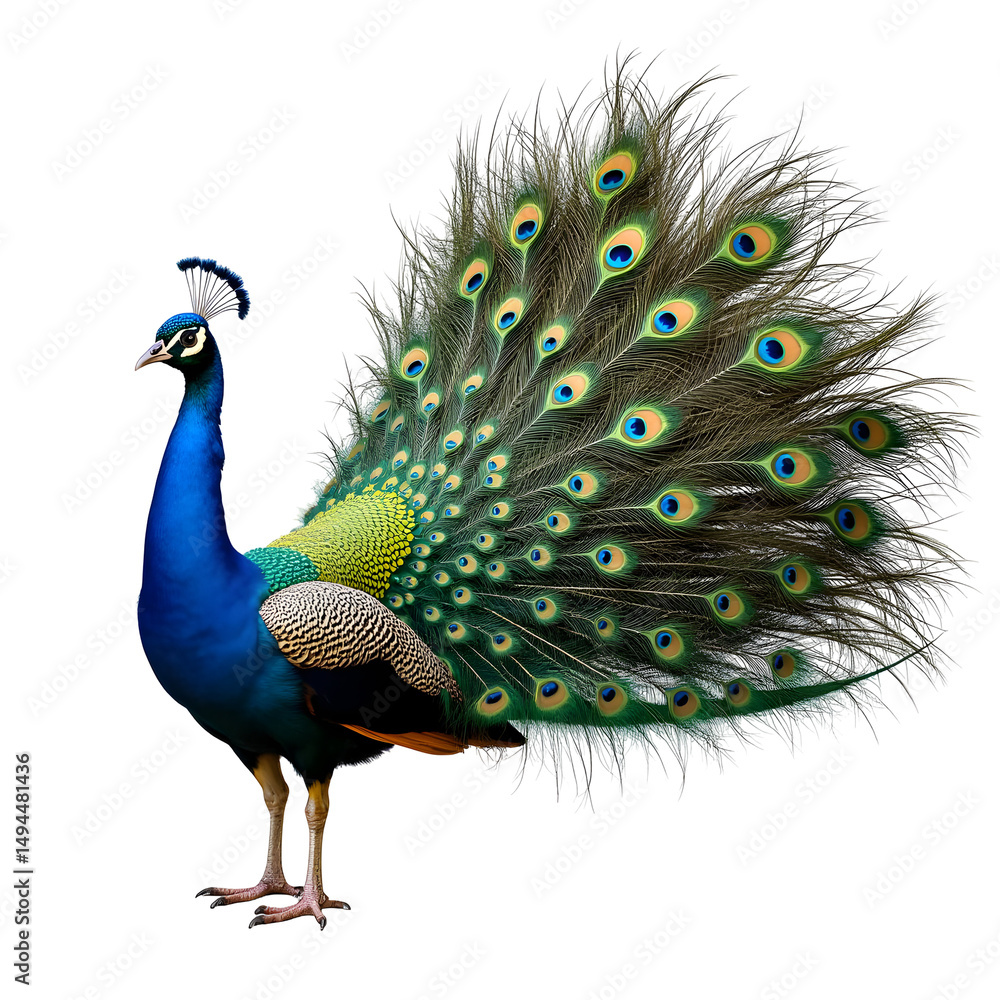 Fototapeta premium Magnificent Peacock Displaying Feathers Beautiful Iridescent Bird Ornithology