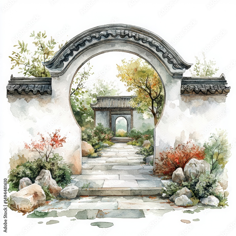 Fototapeta premium Tranquil Garden Pathway with Arched Gate and Natural Scenery