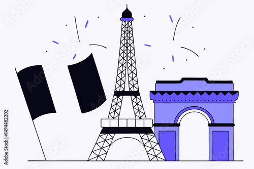 Artistic view of Bastille and Eiffel Tower in a trending style suitable for French culture design projects digital marketing and historical illustration