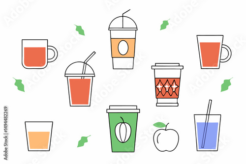 Collection of hot and cold drinks with pumpkin spice and beverage variety perfect for seasonal cafe menu design cozy lifestyle branding and fall themes