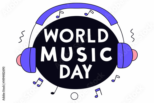 dynamic circular music note pattern flowing from headphones representing world music celebration