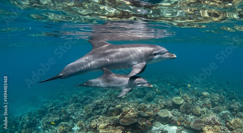 Dolphin Family Underwater Paradise: A Mother and Calf Swim Through Coral Reef