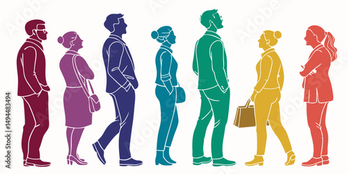 Multicolored Silhouettes of Diverse People Featuring Vibrant Colors and Minimalist Design with Clean Lines, Subtle Shadows, Dynamic Composition, and Inclusive Representation in Flat Illustration Style