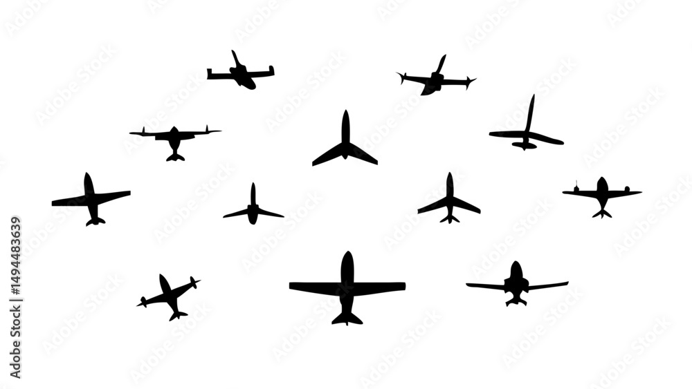 Collection of Highly Detailed and Realistic Silhouettes Featuring Various Aircraft Types Including Fighter Jets, Commercial Airliners, and Military Planes in Flight Against a Plain Background Collection of Highly Detailed and Realistic Silhouettes Featuring Various Aircraft Types Including Fighter Jets, Commercial Airliners, and Military Planes in Flight Against a Plain Background