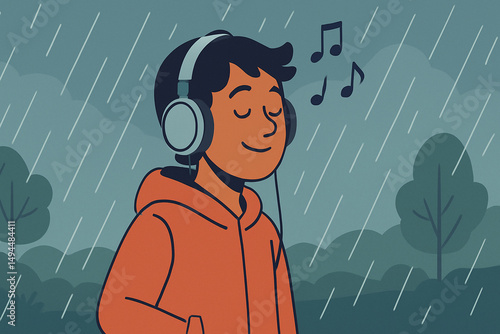 Young Man Enjoying Music in a Rainy Setting