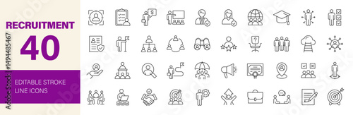 Recruitment icon set. Containing headhunting, candidate, resume, partnership, employee, interview, job, human resources, training, work, business and more. Editable line icons. Vector illustration. 