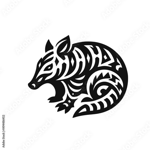 Tribal Armadillo Logo, Bold Stylized Patterns, Clean Black Lines