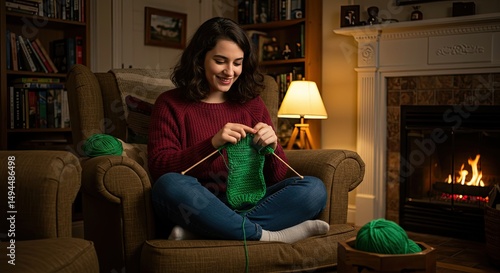 Woman knitting by fireplace (3)