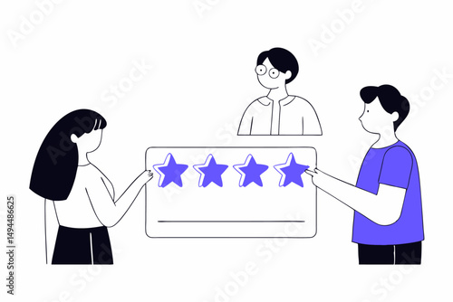 Detailed cartoon characters giving star ratings portraying positive and constructive feedback in a charming style ideal for customer review presentations and advertising