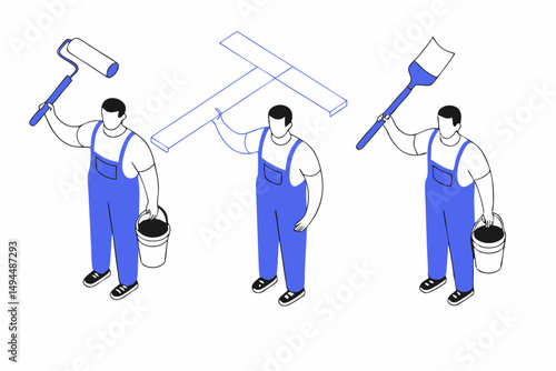 Team of workers dressed in blue uniforms holding various tools symbolizing hardworking construction professionals