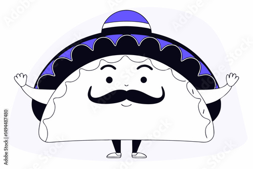 Cute taco cartoon character dressed in festive Mexican costume bringing a lively and joyful mood