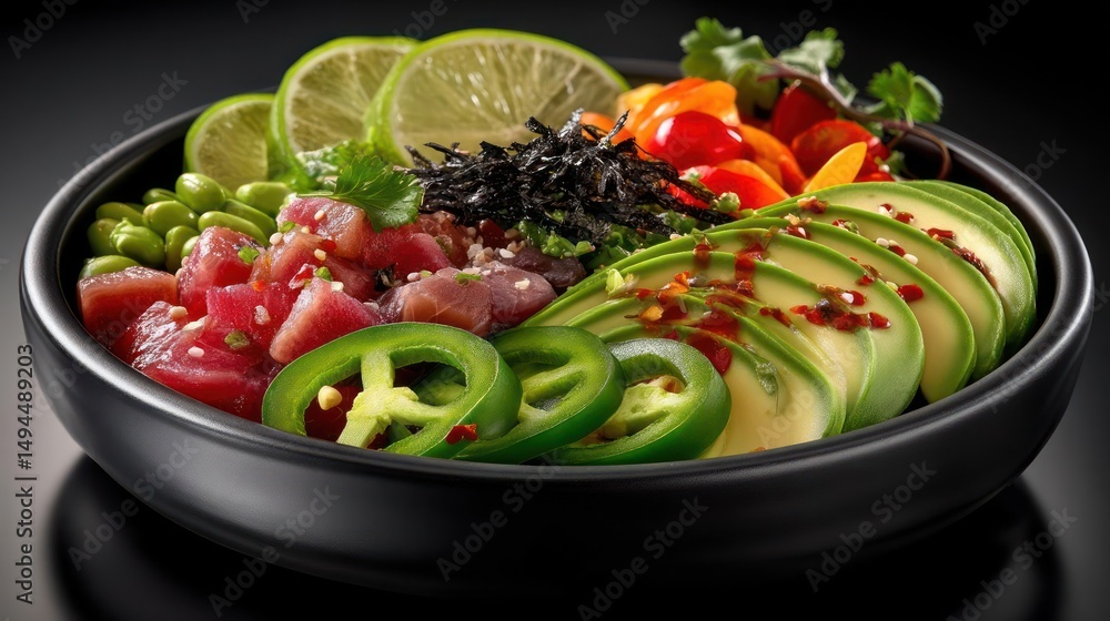 Fresh tuna bowl with avocado, edamame, and chili. Fresh tuna bowl with avocado, edamame, and chili.