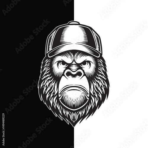 Baseball Cap Gorilla Vector, Gorilla Face in Snapback Hat, Black and White Mascot Illustration