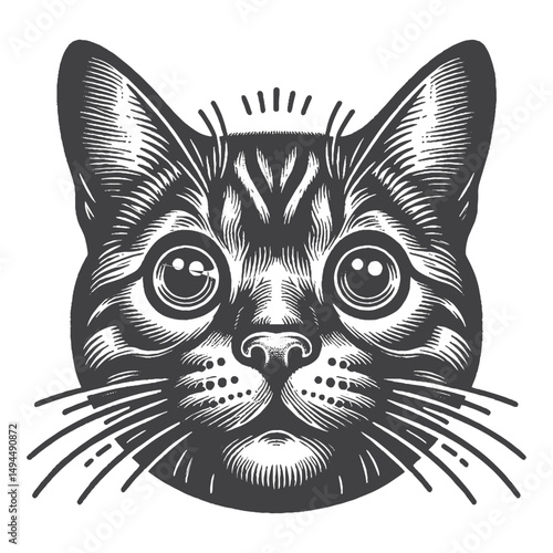 Vintage Hand-Drawn Bengal Cat Head with Surprised Expression Illustration – Feline Pet Engraved Style Vector for T-Shirts, Posters, Stickers, and Animal Lovers Apparel