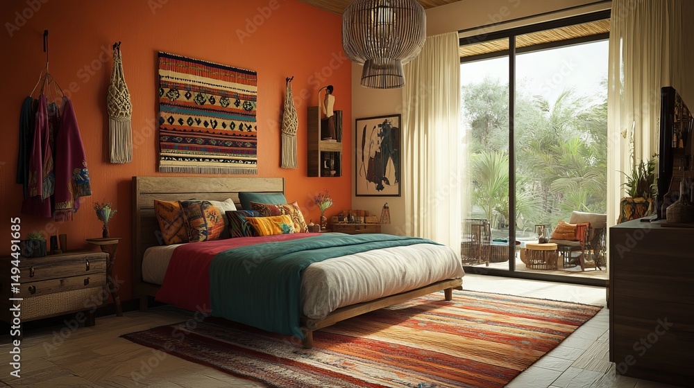 Obraz premium Bright, colorful bedroom with bohemian decor, featuring a large bed, patterned rugs, and wall hangings