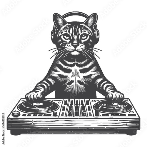 ChatGPT said:Vintage Hand-Drawn Bengal Cat DJ-ing Illustration – Feline Pet Engraved Style Vector for T-Shirts, Posters, Stickers, and Music Themes Apparel