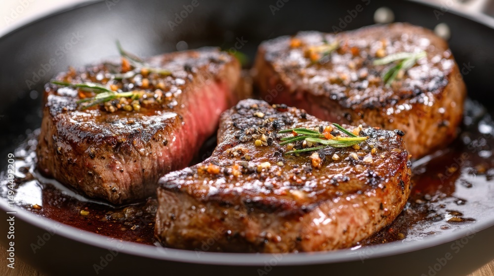 Juicy grilled steak in skillet garnished with rosemary and spices Juicy grilled steak in skillet garnished with rosemary and spices