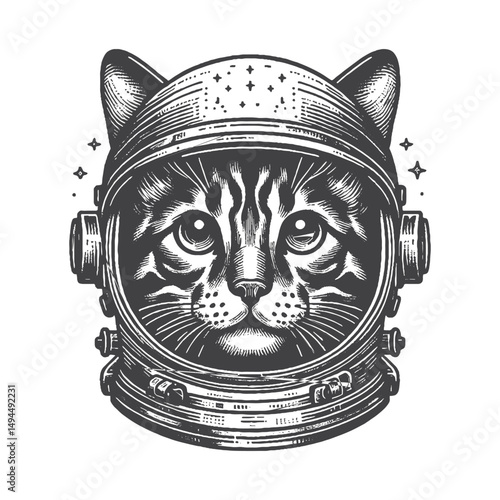 Vintage Hand-Drawn Bengal Cat with Astronaut Helmet Illustration – Feline Pet Engraved Style Vector for T-Shirts, Posters, Stickers, and Space Exploration Themes Apparel