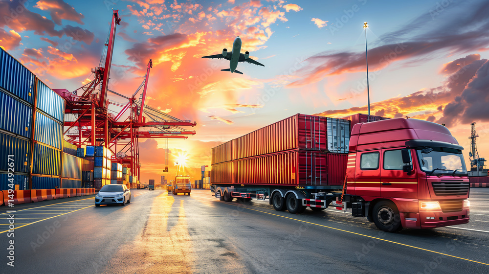 Obraz premium Logistics, container Cargo ship transportation with working crane bridge in deep sea port for import export.