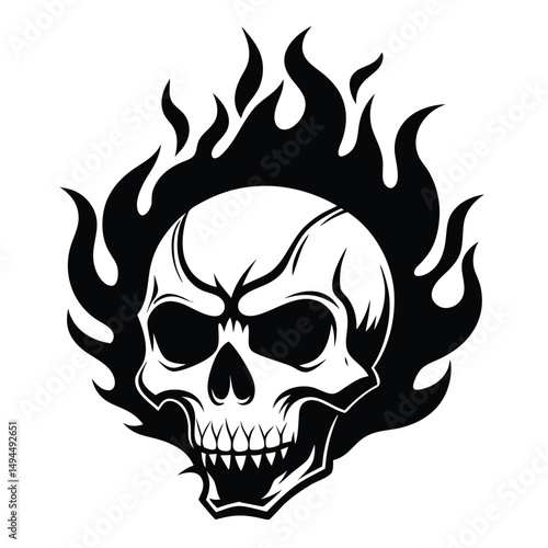 Flaming Skull Icon | Black Silhouette of Skull Surrounded by Flames | Biker Motif