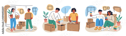 Flat cartoon collection of moving scenes. People pack boxes, carry furniture, unpack in new home, relax after relocation, celebrate housewarming vector illiustration. Man and woman in cozy interior